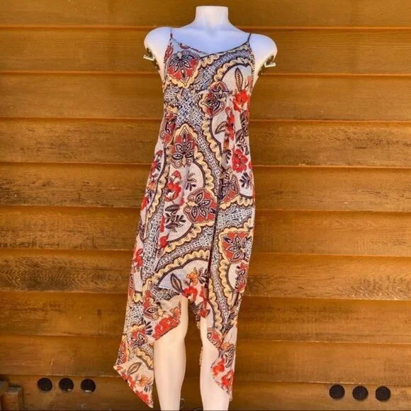 Almost Famous Grey Orange Yellow Spaghetti Strap Pixie BOHO Floral Print Dress M - Picture 11 of 12